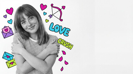 Young woman embracing love and crush against a bright background  