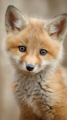 Obraz premium cute fluffy fox cub with head tilt, innocent emotion, pastel beige background, soft lighting