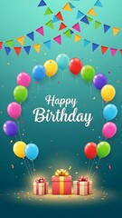 Vibrant birthday celebration with balloons and gifts