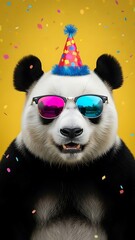 A panda bear wearing sunglasses and a party hat on a yellow background
