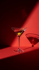 Two martini glasses on a red table with dramatic lighting