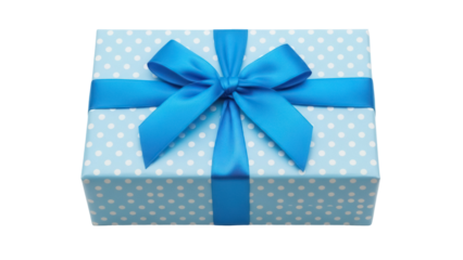 Light blue gift box with white polka dots and blue ribbon isolated PNG, present for birthday or special occasion on transparent background