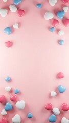 Blurry pink background with colorful heart shaped confetti scattered around