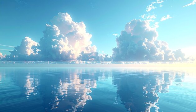 A serene seascape reflecting a bright, cloud-filled sky with soft, illuminated clouds and calm water. The sun gently bathes the scene