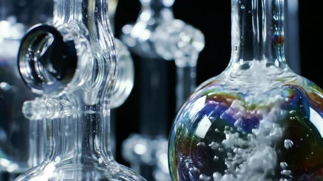 Close-up of clear glass labware with bubbles, chemistry research and science concept.