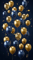 Vibrant gold and blue balloons floating in dark space with confetti