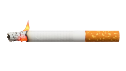 Burning cigarette isolated PNG, close-up of a lit cigarette with smoke and ash on transparent background, smoking and addiction concept