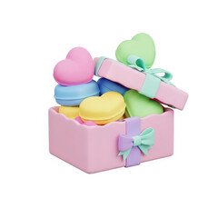 Pastel heart-shaped sweets in a gift box with ribbons and bows