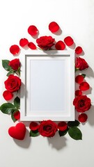 Red roses and petals around a white picture frame on a white background