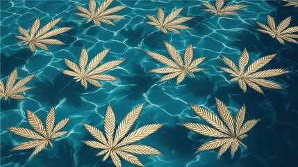 Cannabis Leaves Floating on Water: A visual exploration where cannabis leaves drift serenely atop a crystalline turquoise expanse, suggesting an unconventional and refreshing scene. 