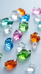 Vibrant assorted gemstones on a light blue background