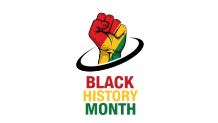 Black history month logo with raised fist and colorful design on transparent background