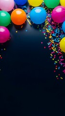 Vibrant colorful balloons and confetti on dark background celebration scene