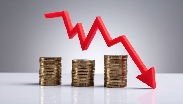 Financial downturn concept, represented by a declining arrow over stacks of coins, symbolizing economic decline. 