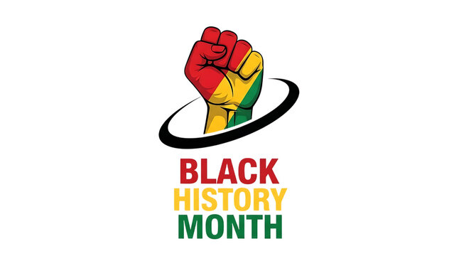Black history month logo with raised fist and colorful design on transparent background