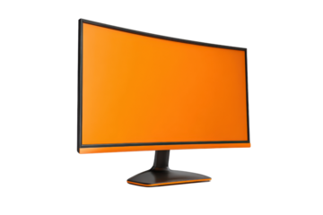Curved orange screen computer monitor on black background display