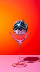 Colorful orb resting in a martini glass on a pink surface