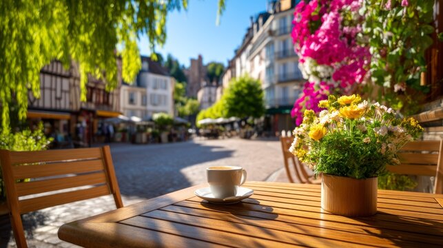Charming French Village Square with Cobblestone Ground and Colorful Flowers in Bloom