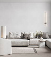 Classic pantone white interior with sofa, coffee tables and wall light. 3d illustration mockup.