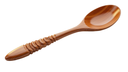 Wooden spoon isolated on transparent background PNG, handcrafted brown utensil for cooking and serving food, rustic kitchenware