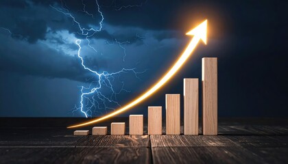 A conceptual image illustrating growth and progress. The image features a bar graph with a glowing arrow pointing upwards, against a stormy background