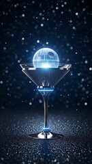 Glowing blue cocktail glass with futuristic orb on a dark background