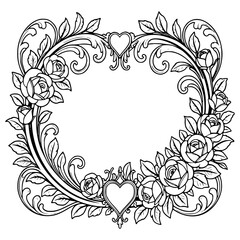 Floral wreath with roses and hearts in black line art style with copy space
