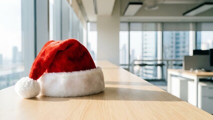 Santa Hat on Office Desk with Blurred City Background