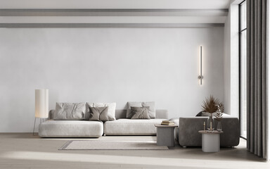 Empty wall mockup in modern living room, cloud dancer 2026, 3d render