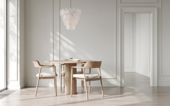 Empty clean white living room with dining furniture, pantone, 3d render