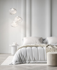 Bedroom in light white tone Cloud dancer color trend 2026 year panton furniture and background. Modern luxury room interior home design. 3d render