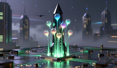 Futuristic cityscape with glowing spheres and circuit board streets under misty night sky.