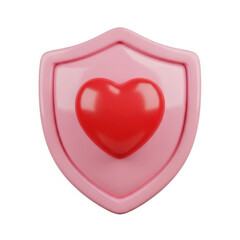 A pink shield with a red heart graphic on a white background