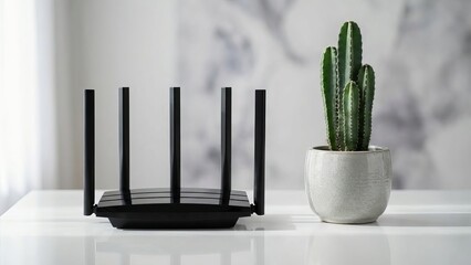 Modern Black Wireless Wi-Fi Router on White Table