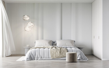 Bedroom in white tone Cloud dancer color trend 2026 year, pantone  3d render