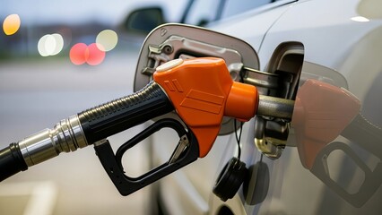 Car Refueling with Orange Gas Pump Nozzle