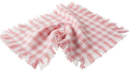Pink and white gingham fabric napkin with frayed edges on black background textile cloth