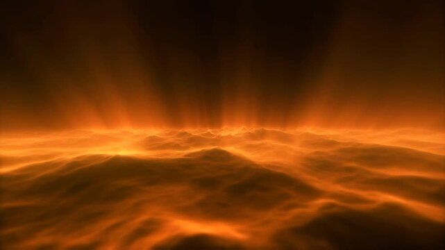Abstract fiery liquid surface undulating intensely under volumetric rays.