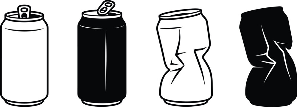 Aluminum Beverage Can Vector Set Featuring New and Crushed Soda Tins for Recycling and Environmental Projects