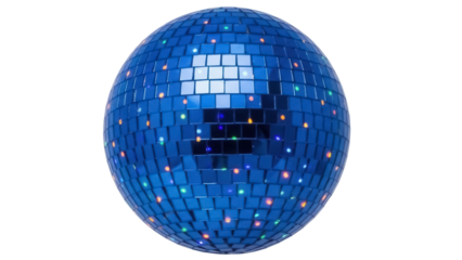 Shiny blue disco ball PNG isolated on transparent background, retro party sphere with mirror tiles for dance floor and entertainment