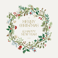 
Winter flora. Vintage wavy circle wreath. Merry Christmas and Happy New Year. Greeting floral card. Colorful