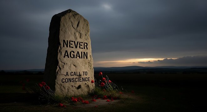 Monument with text in dramatic landscape never again call to conscience