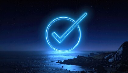 Glowing check mark over a seascape during the evening. The neon checkmark floats in the sky, illuminated in the darkness