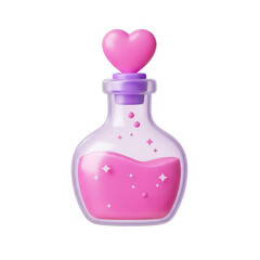 A pink heart-shaped stopper adorns a glass bottle filled with a pink liquid against a white background