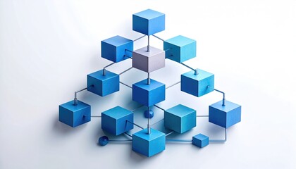 An abstract structure of connected cubes in varying shades of blue, symbolizing interconnectedness, structure, and order. The design evokes a sense of complexity and innovation.