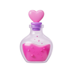 A pink love potion in a glass bottle with a heart-shaped stopper on a white background