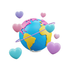 A colorful digital illustration of the Earth surrounded by floating hearts from an overhead viewpoint