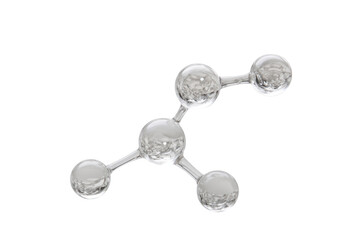 Clear glass molecule model with five spheres on black background science chemistry