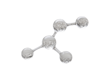 Clear glass molecule model with five spheres on black background science chemistry