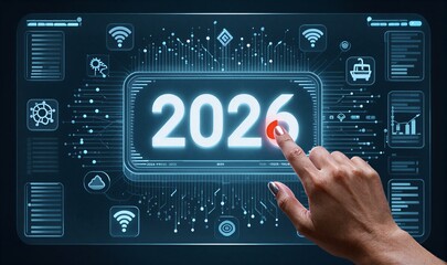 Hand taps futuristic screen displaying "2026 Trends" between 2024 and 2026.